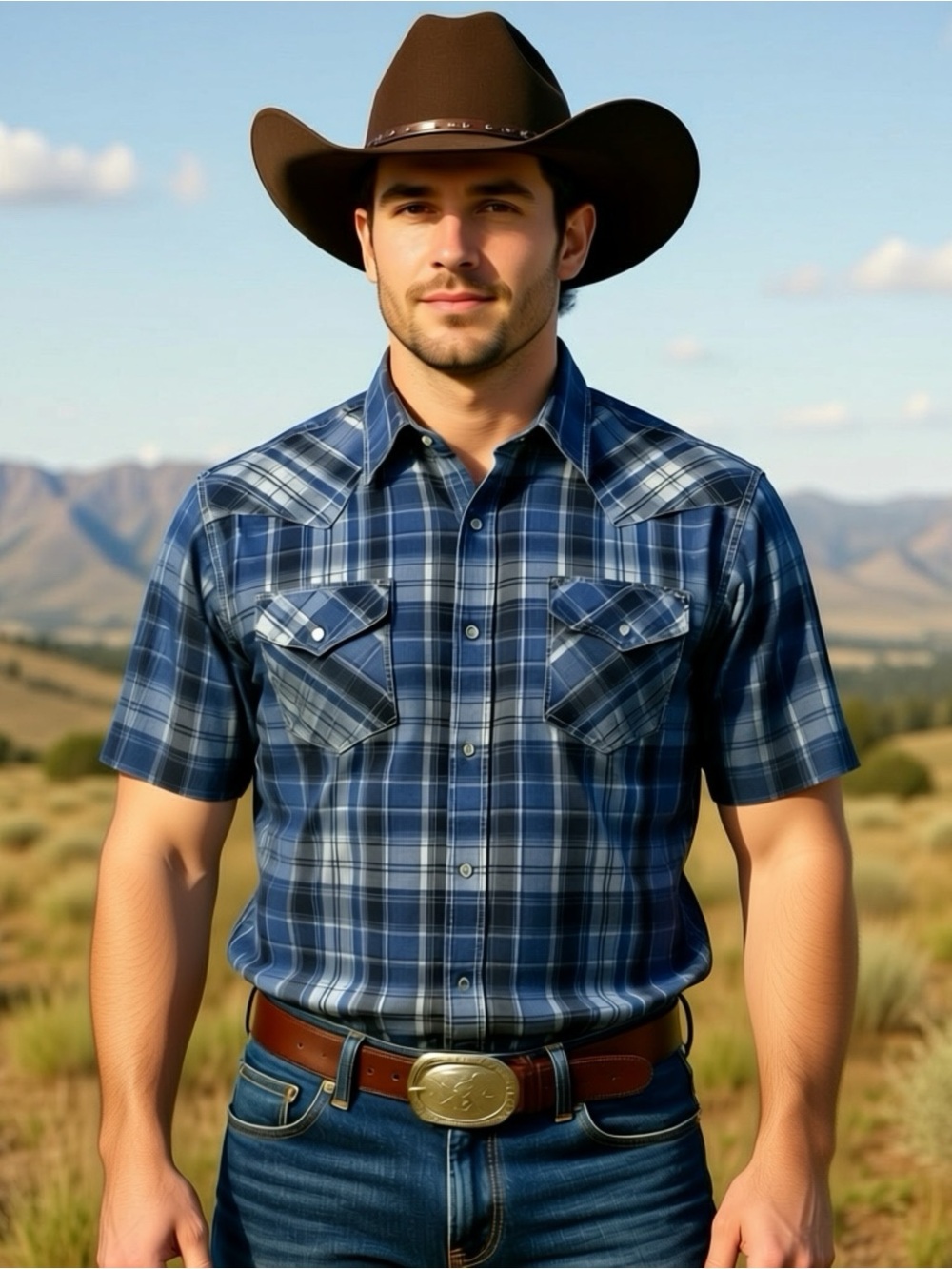 Ely Cattleman Pearl Snap Western Shirt Plaid Short Sleeve Mens Size XL Blue